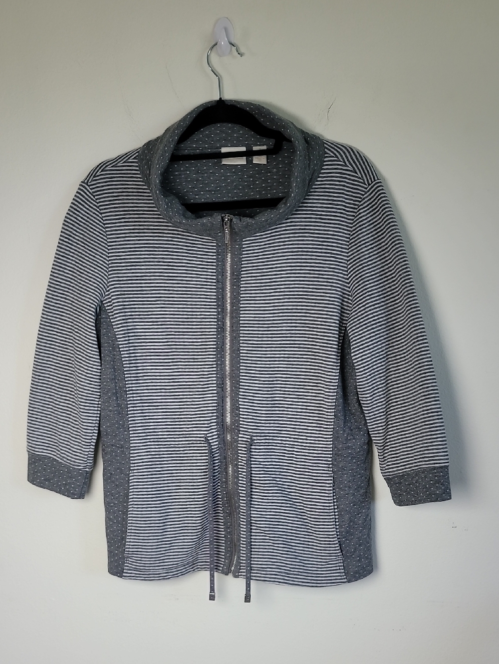 Chicos Jacket Women 1 Gray Striped Full Zip Cowl Neck Pockets Drawstring Casual